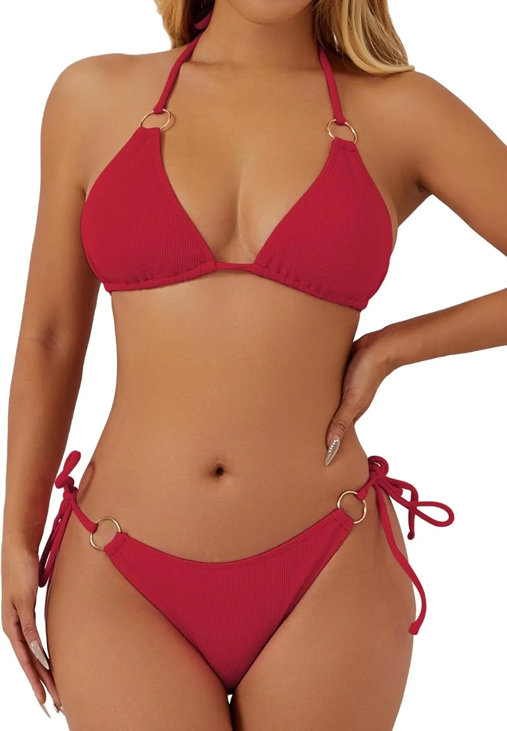 swimall Women's String Bikini Set Sexy Tie Side Two Piece Swimsuit Cute Triangle Halter Bathing Suit