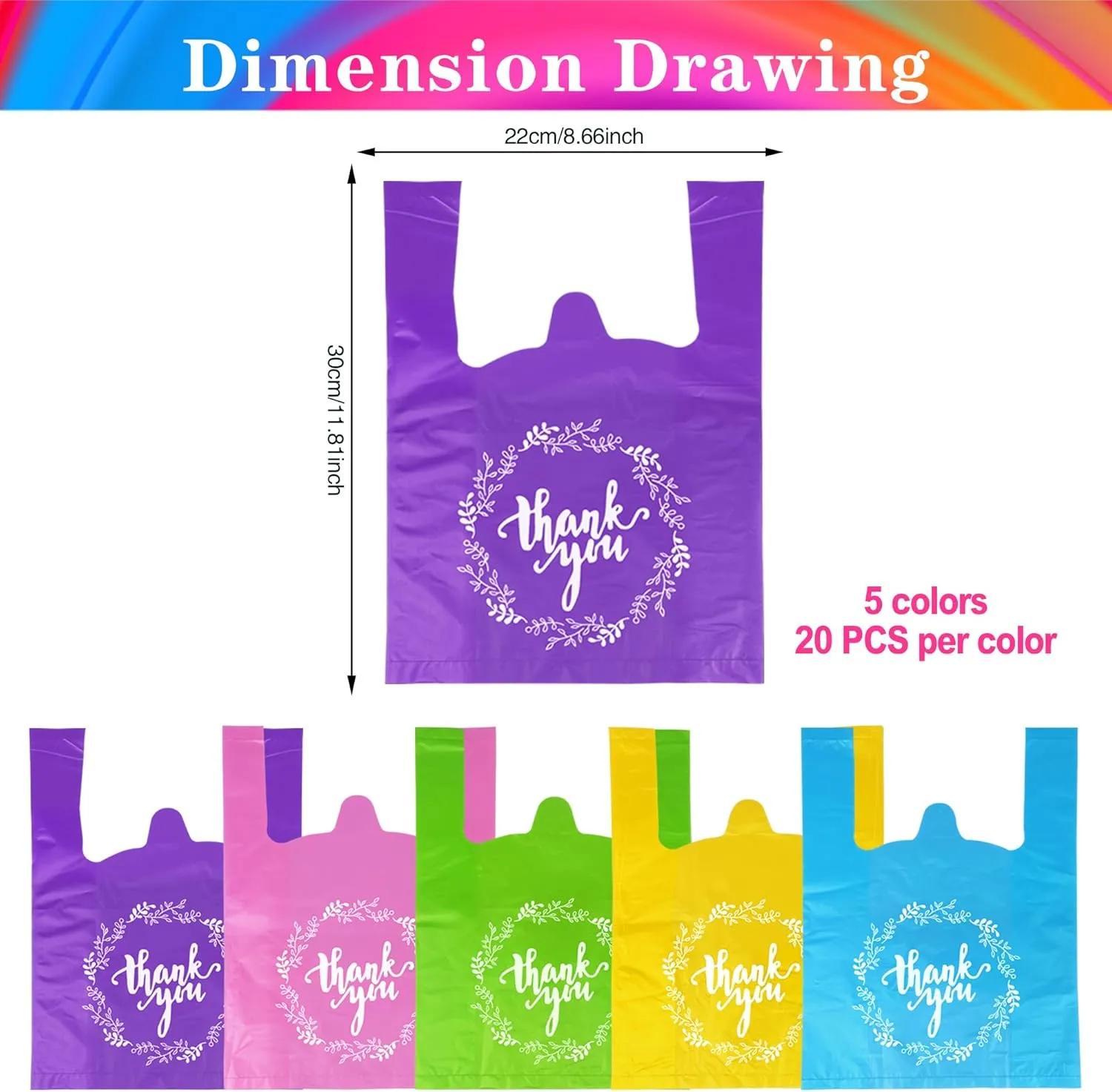 Thank You T-Shirt Plastic Bags Plastic Bulk Shopping Bags Restaurant Bag in Bulk Pink Green Yellow Purple Cyan