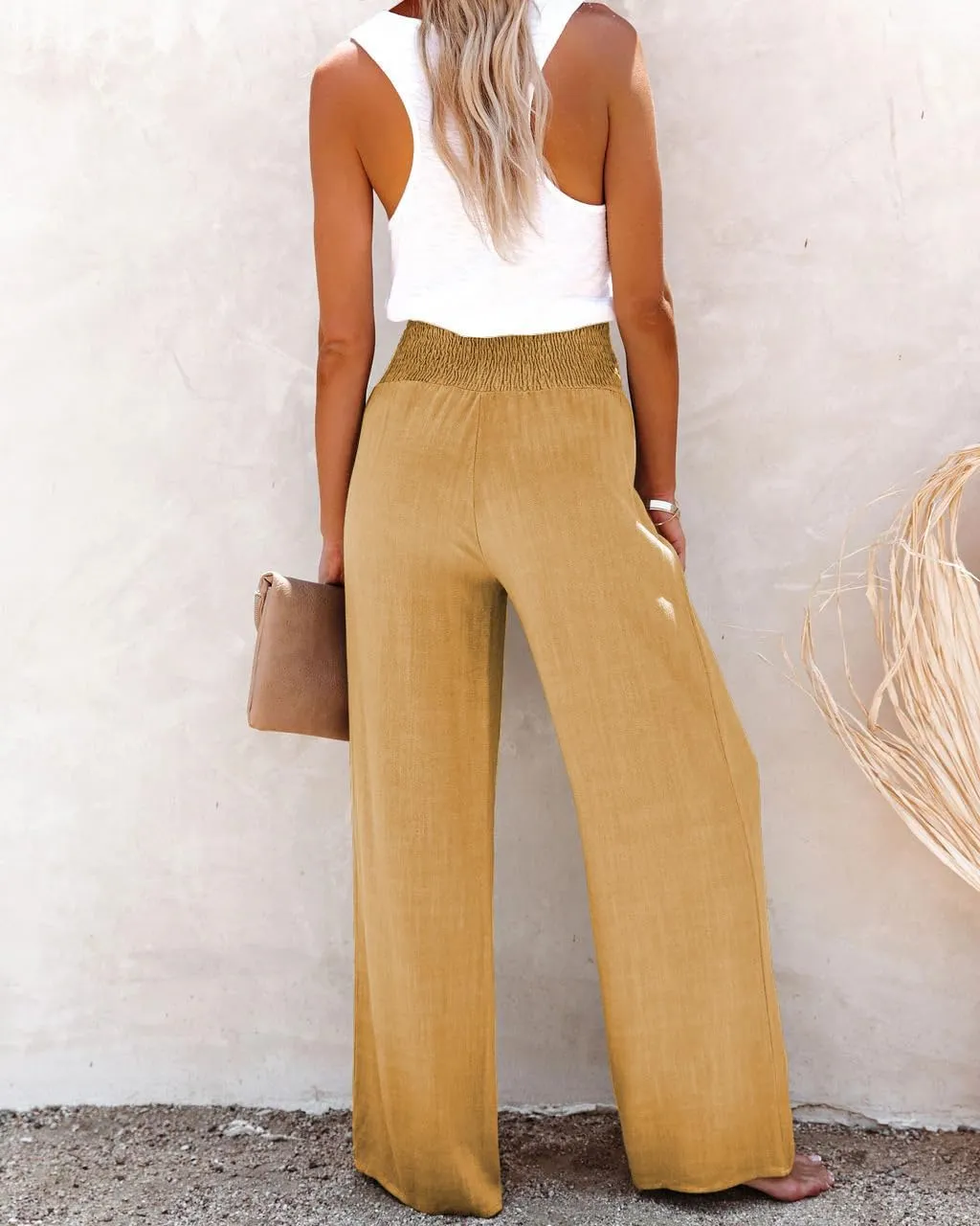TIAFORD Women Smocked Linen Palazzo Pants Summer Casual Elastic High Waist Button Wide Leg Long Linen Beach Lounge Trousers