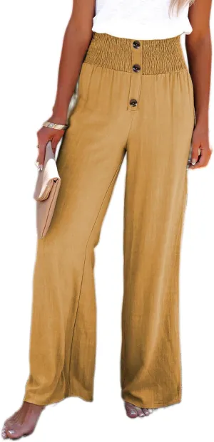 TIAFORD Women Smocked Linen Palazzo Pants Summer Casual Elastic High Waist Button Wide Leg Long Linen Beach Lounge Trousers