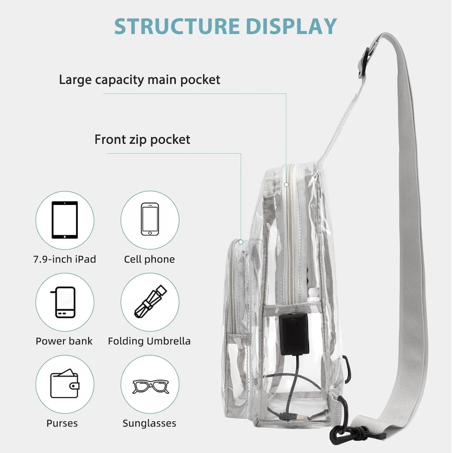 TINYAT Clear Sling Bag Stadium Approved Transparent Bag Crossbody Casual Shoulder Chest Bag for Men Women,T9060