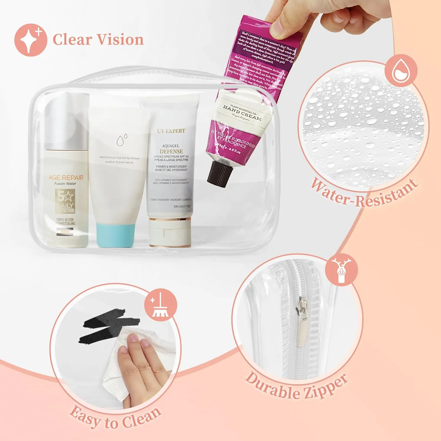 TISRATOK 12 PCS Clear Makeup Bag for Women with Zipper, TSA Approved Toiletry Pouch, Cosmetic Bag Bulk for Travel Organizer Essentials - White,Medium