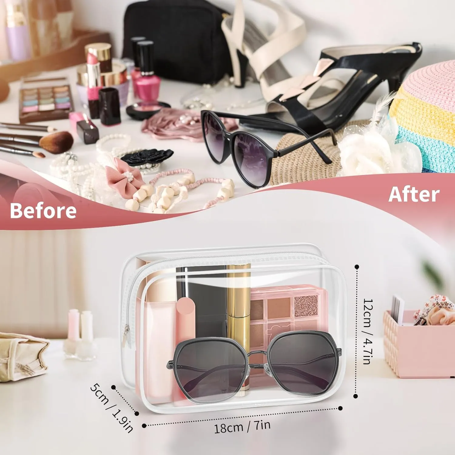 TISRATOK 12 PCS Clear Makeup Bag for Women with Zipper, TSA Approved Toiletry Pouch, Cosmetic Bag Bulk for Travel Organizer Essentials - White,Medium