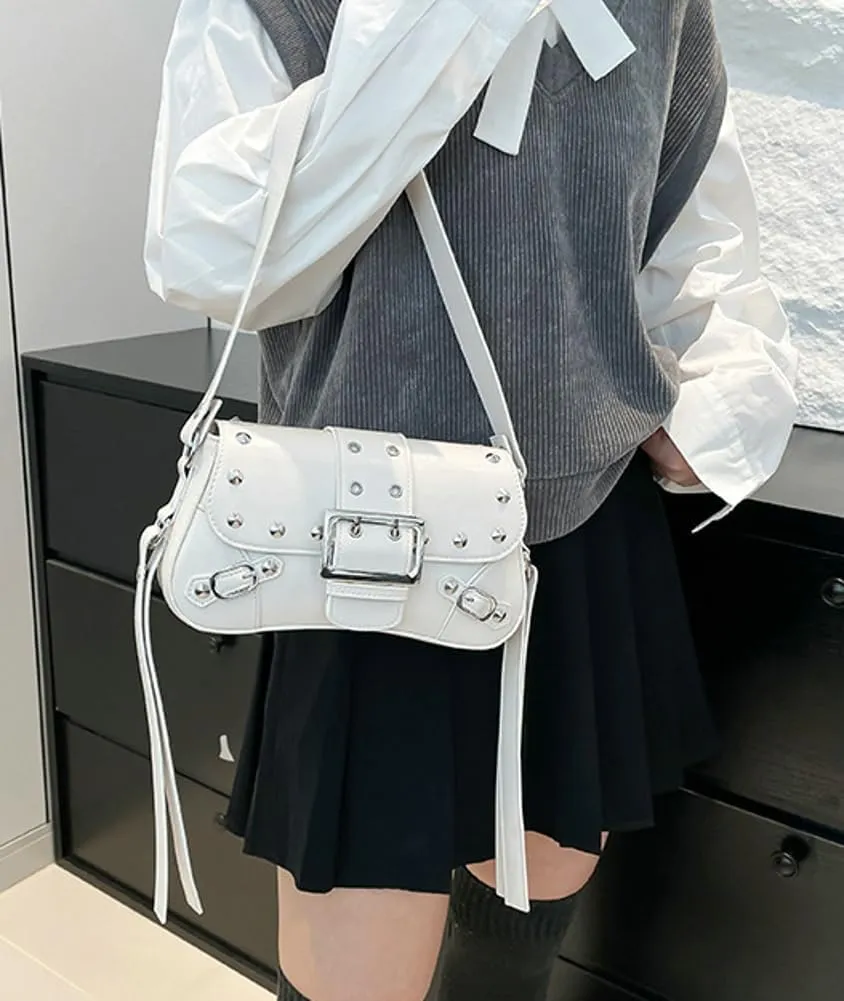 Trendy Womens Shoulder Handbag Vegan Leather Clutch Purse For Women Satchel Purse with Rivets Y2K Crescent Purses Streetwear