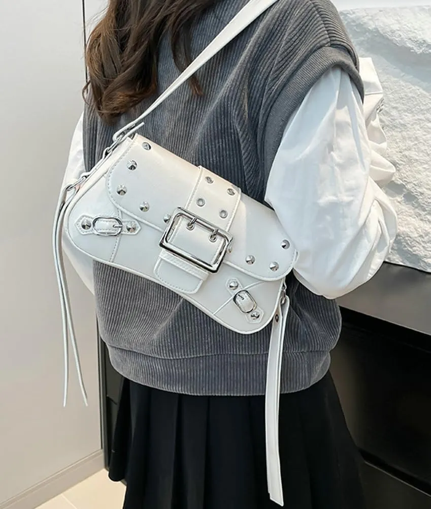 Trendy Womens Shoulder Handbag Vegan Leather Clutch Purse For Women Satchel Purse with Rivets Y2K Crescent Purses Streetwear
