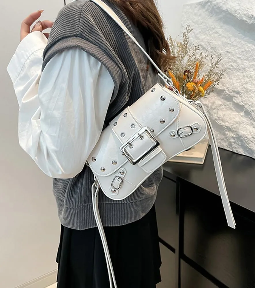 Trendy Womens Shoulder Handbag Vegan Leather Clutch Purse For Women Satchel Purse with Rivets Y2K Crescent Purses Streetwear