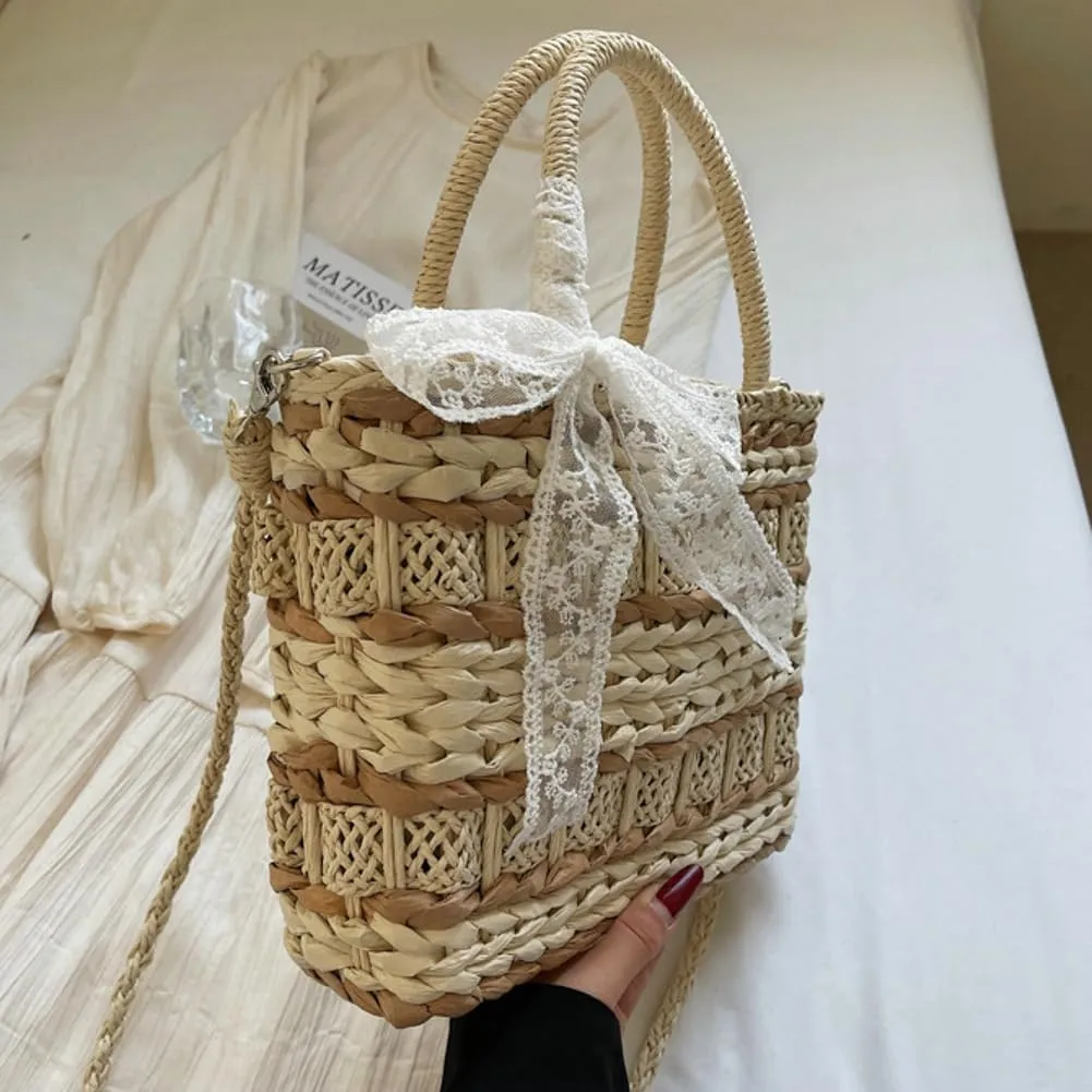 Trendy Womens Straw Bucket Bag Casual Summer Beach Bags For Women Sweet Wicker Tote Handbags Handwoven Travel Purse 2025
