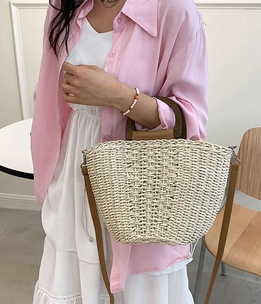 Trendy Womens Straw Clutch Bag Casual Summer Beach Bags For Women Rattan Bucket Purses Wicker Tote Handbags Travel Purse