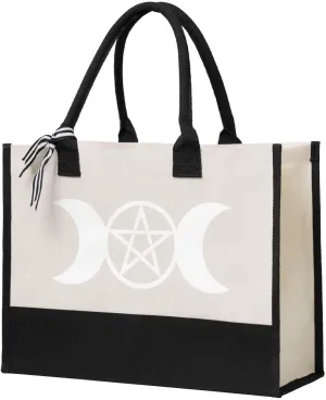 Triple Moon Pentacle Pagan Canvas Tote Bag, Present Bag, Suitable for Wedding, Birthday, Beach, Holiday, is a Great Gift for Women, Mom, Teachers, Ladies, Friends, Bridesmaids