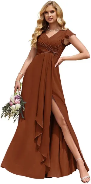 Tsbridal V-Neck Pleated Bridesmaid Dresses Chiffon Long 2023 A-Line Short Sleeve Wedding Party Gown