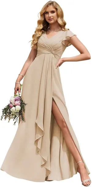 Tsbridal V-Neck Pleated Bridesmaid Dresses Chiffon Long 2023 A-Line Short Sleeve Wedding Party Gown