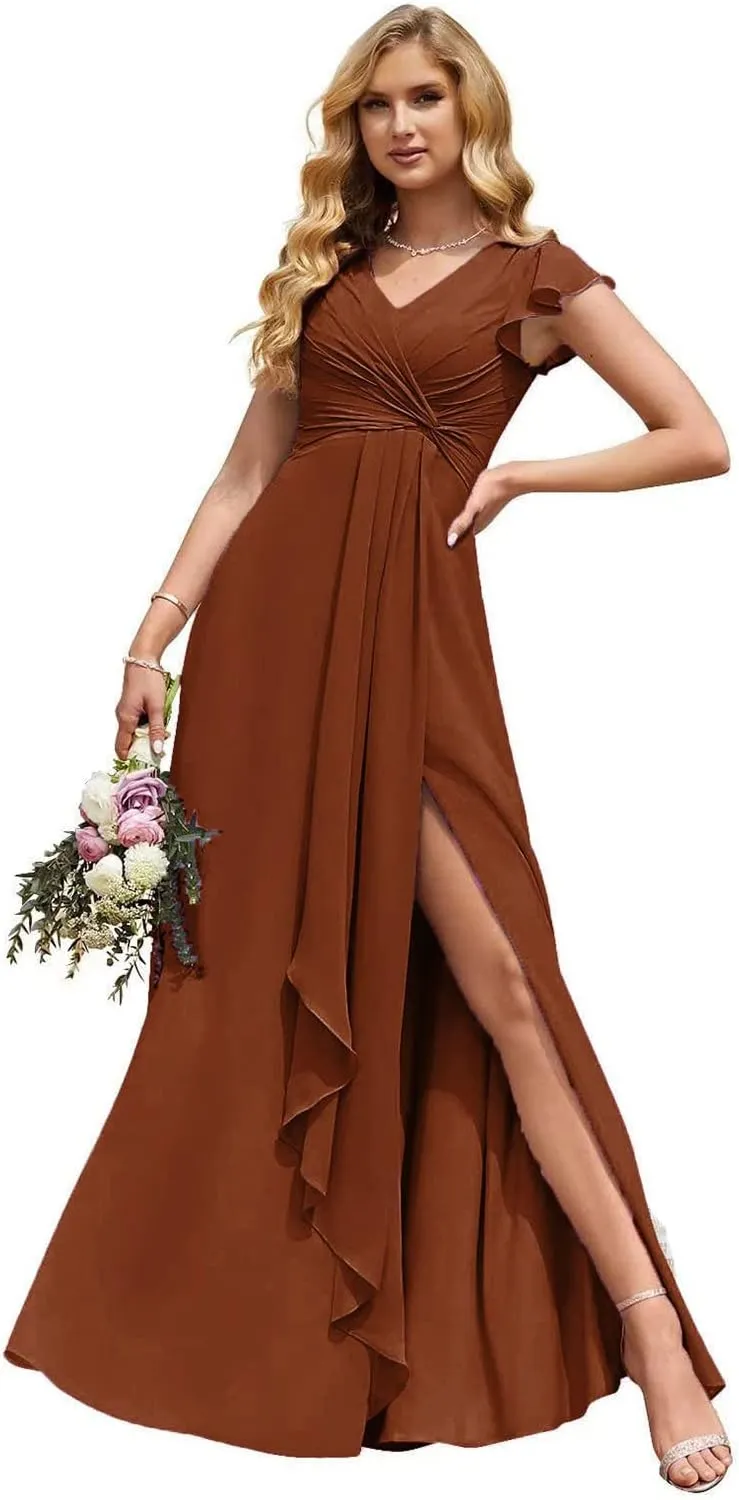 Tsbridal V-Neck Pleated Bridesmaid Dresses Chiffon Long 2023 A-Line Short Sleeve Wedding Party Gown