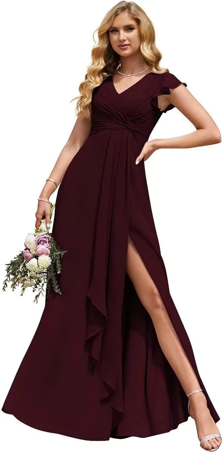 Tsbridal V-Neck Pleated Bridesmaid Dresses Chiffon Long 2023 A-Line Short Sleeve Wedding Party Gown