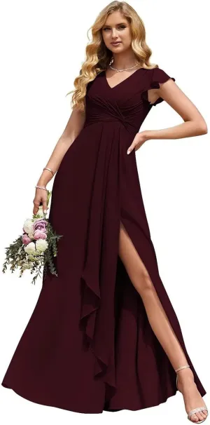 Tsbridal V-Neck Pleated Bridesmaid Dresses Chiffon Long 2023 A-Line Short Sleeve Wedding Party Gown