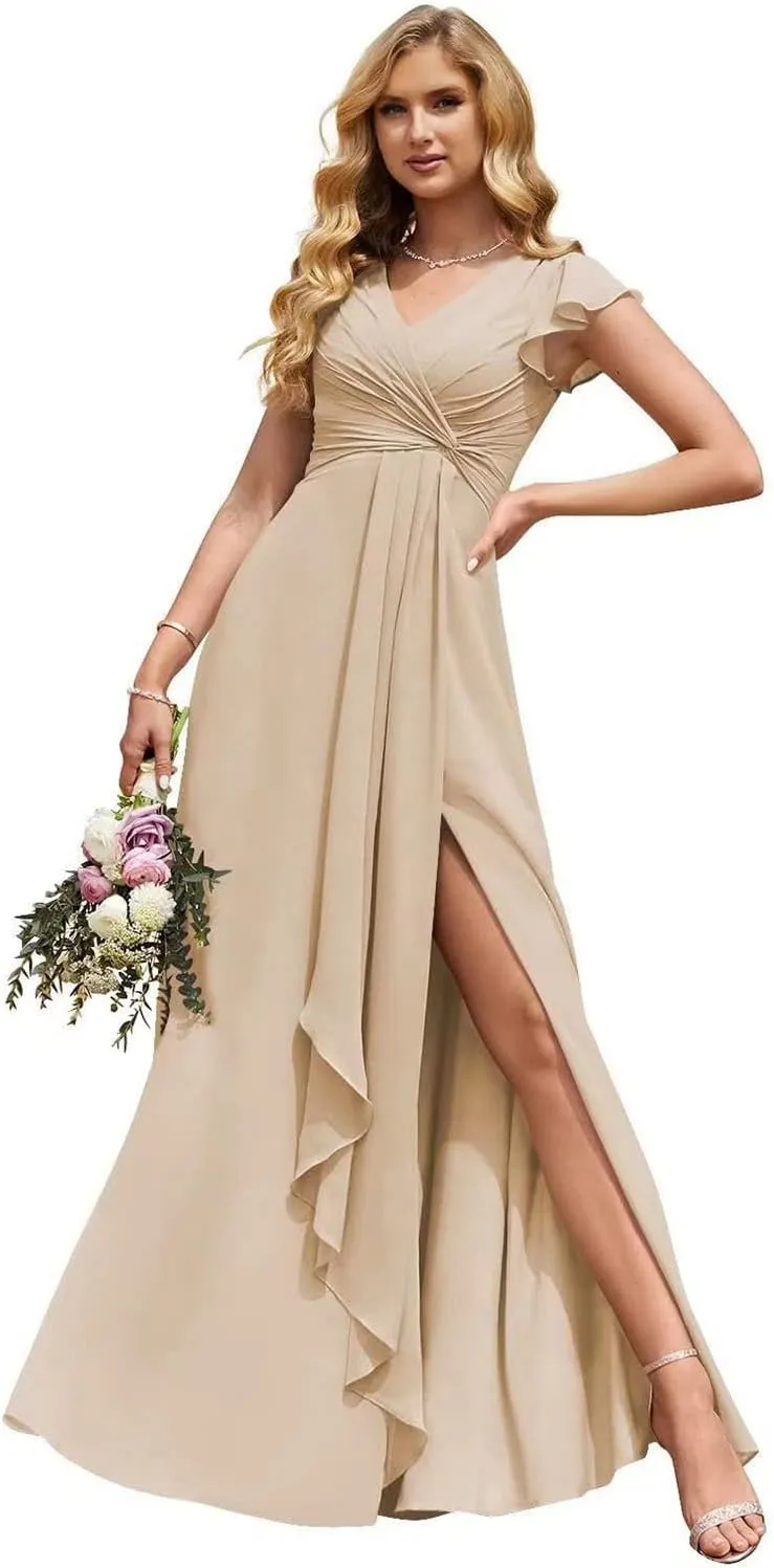 Tsbridal V-Neck Pleated Bridesmaid Dresses Chiffon Long 2023 A-Line Short Sleeve Wedding Party Gown