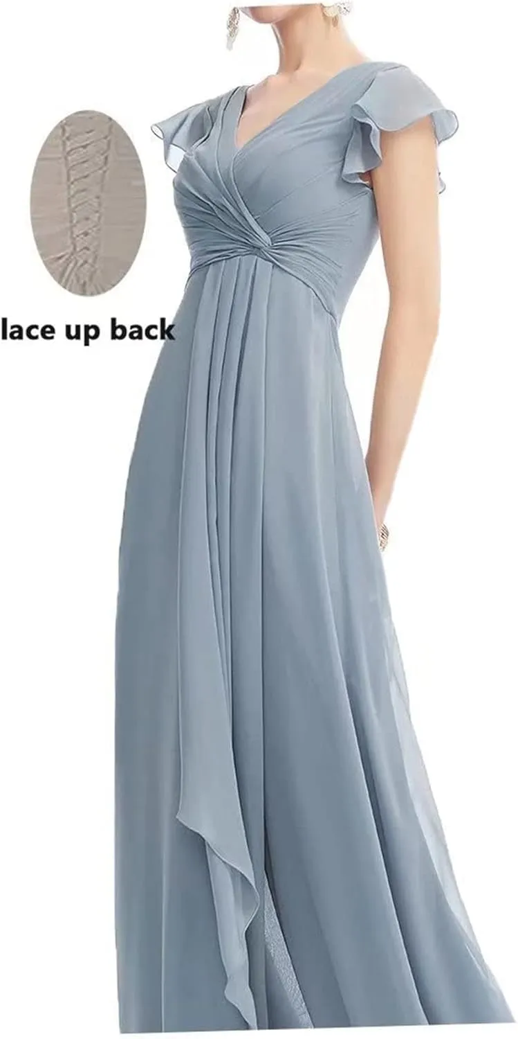 Tsbridal V-Neck Pleated Bridesmaid Dresses Chiffon Long 2023 A-Line Short Sleeve Wedding Party Gown