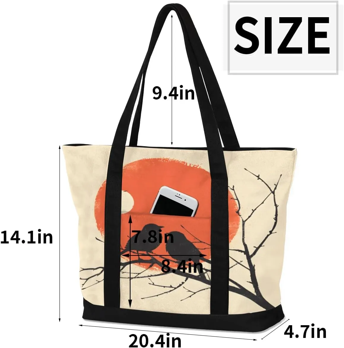 Types of Birds Stylish Canvas Tote Bag with an External Pocket Top Zipper Closure Tote Bag for Women