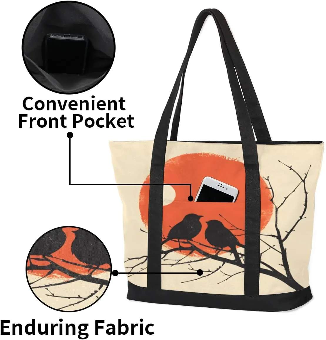 Types of Birds Stylish Canvas Tote Bag with an External Pocket Top Zipper Closure Tote Bag for Women