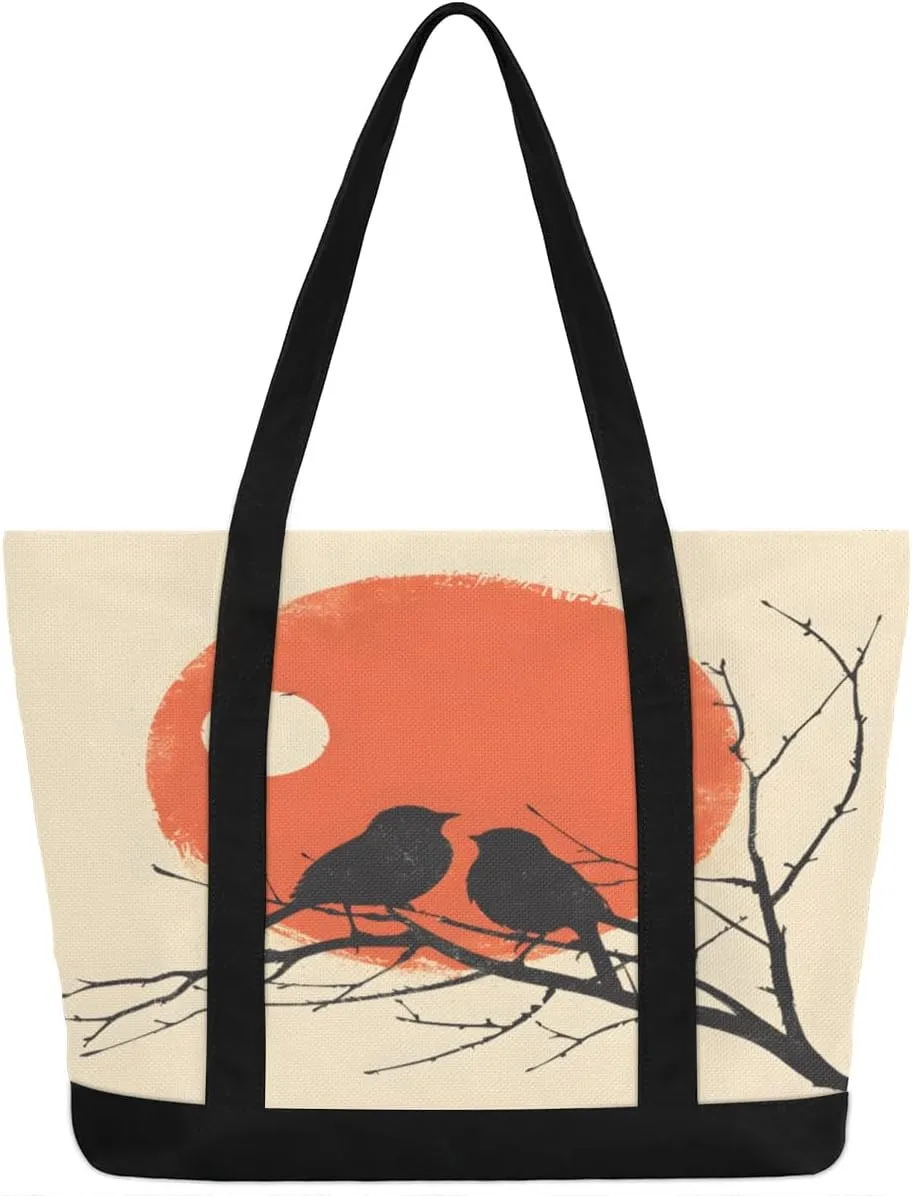 Types of Birds Stylish Canvas Tote Bag with an External Pocket Top Zipper Closure Tote Bag for Women