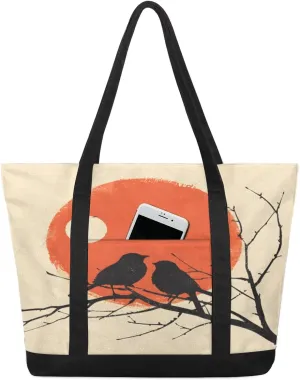 Types of Birds Stylish Canvas Tote Bag with an External Pocket Top Zipper Closure Tote Bag for Women