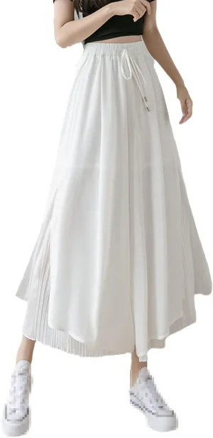 UIOKLMJH Summer Women Pleated Chiffon Wide Leg Pants Fashion Slim High Waist Ankle-Length Pants Skirt Trousers