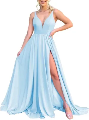 V Neck Chiffon Bridesmaid Dresses for Women High Slit Spaghetti Straps Formal Evening Party Gowns with Pockets