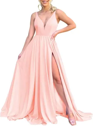 V Neck Chiffon Bridesmaid Dresses for Women High Slit Spaghetti Straps Formal Evening Party Gowns with Pockets