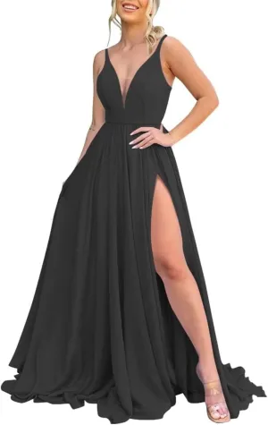 V Neck Chiffon Bridesmaid Dresses for Women High Slit Spaghetti Straps Formal Evening Party Gowns with Pockets