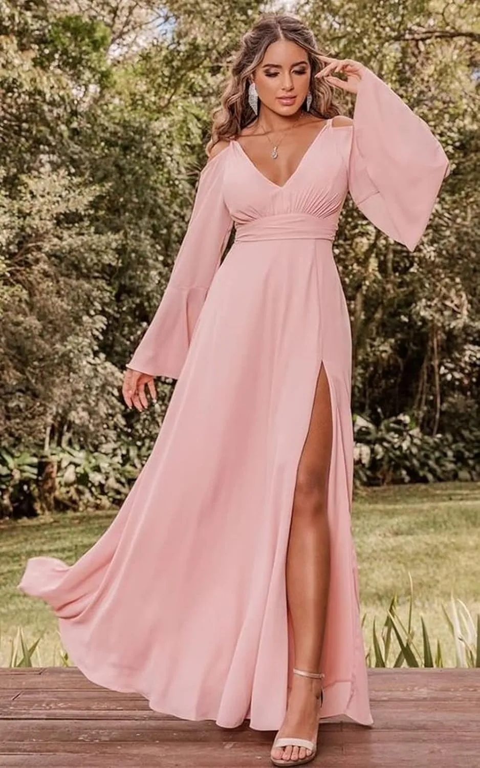 V Neck Long Sleeve Bridesmaid Dresses for Women Chiffon A Line Prom Dresses Evening Gowns with Slit