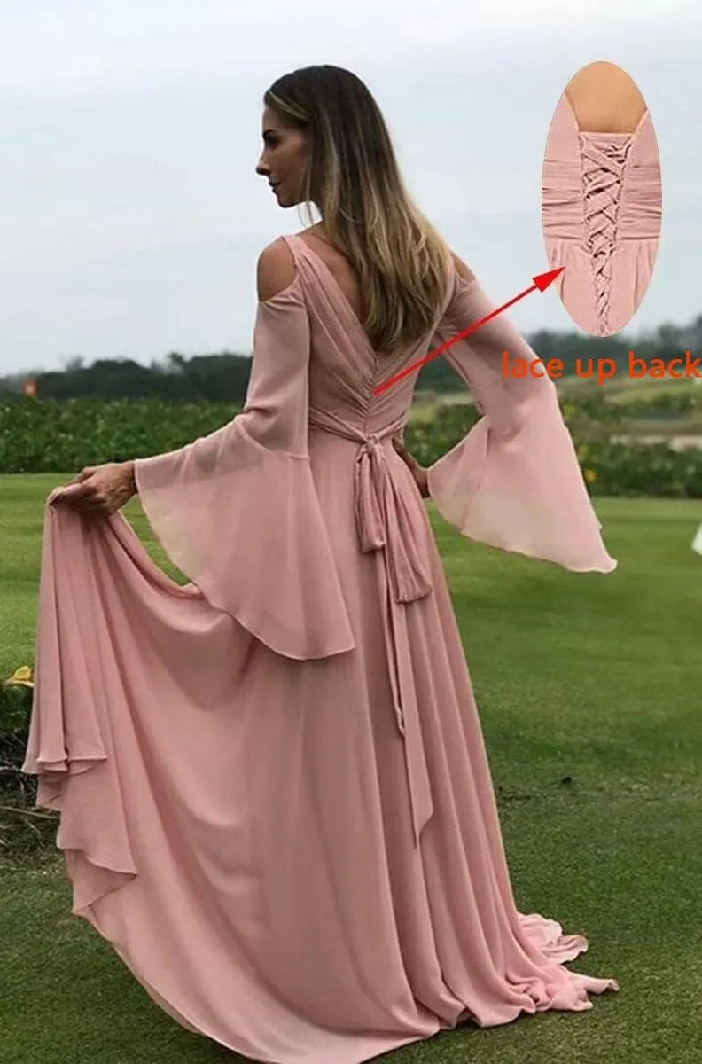 V Neck Long Sleeve Bridesmaid Dresses for Women Chiffon A Line Prom Dresses Evening Gowns with Slit