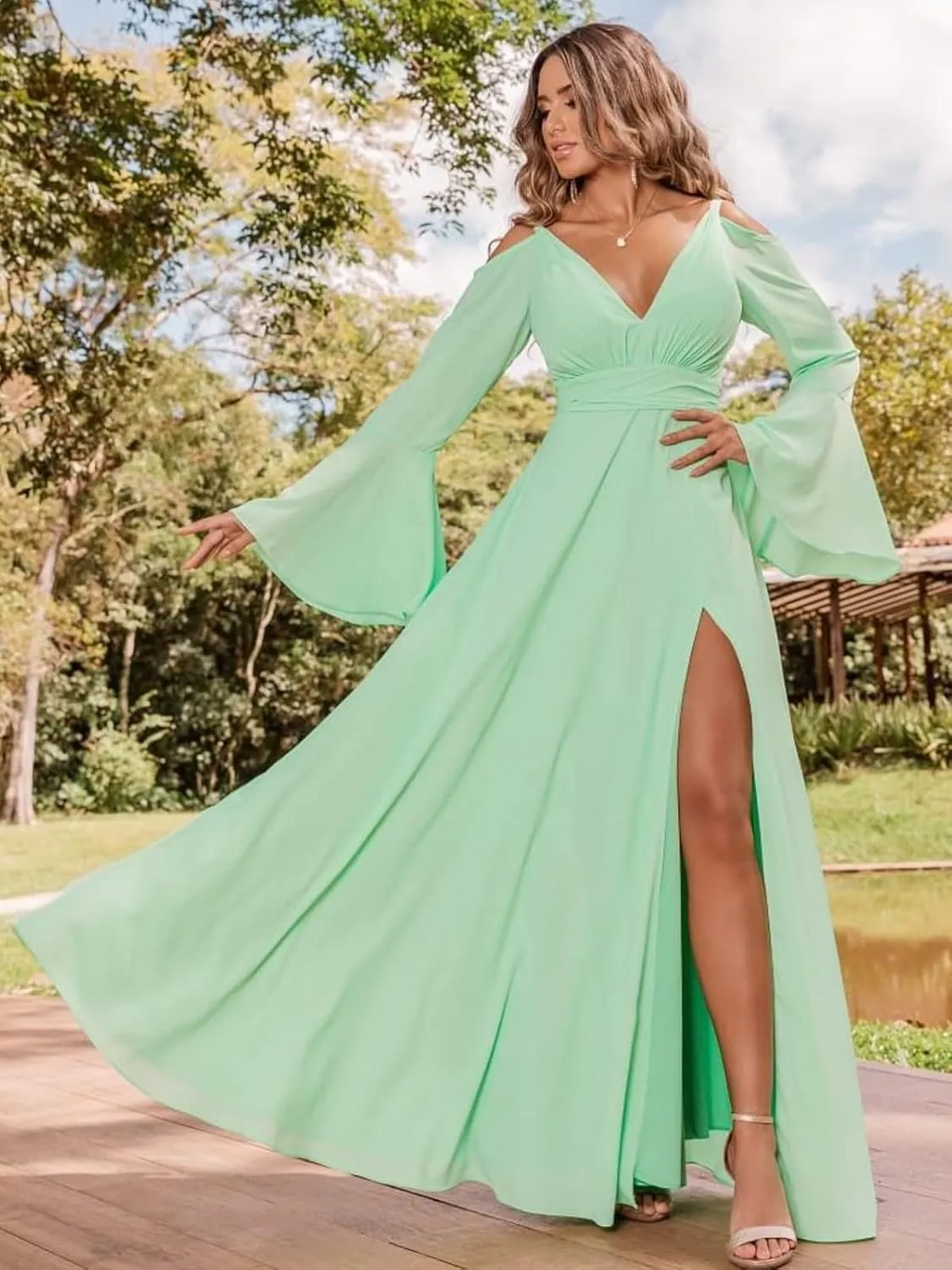 V Neck Long Sleeve Bridesmaid Dresses for Women Chiffon A Line Prom Dresses Evening Gowns with Slit
