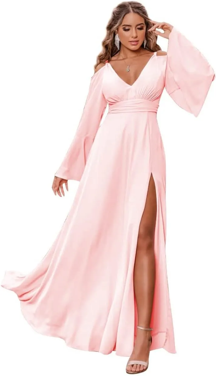 V Neck Long Sleeve Bridesmaid Dresses for Women Chiffon A Line Prom Dresses Evening Gowns with Slit