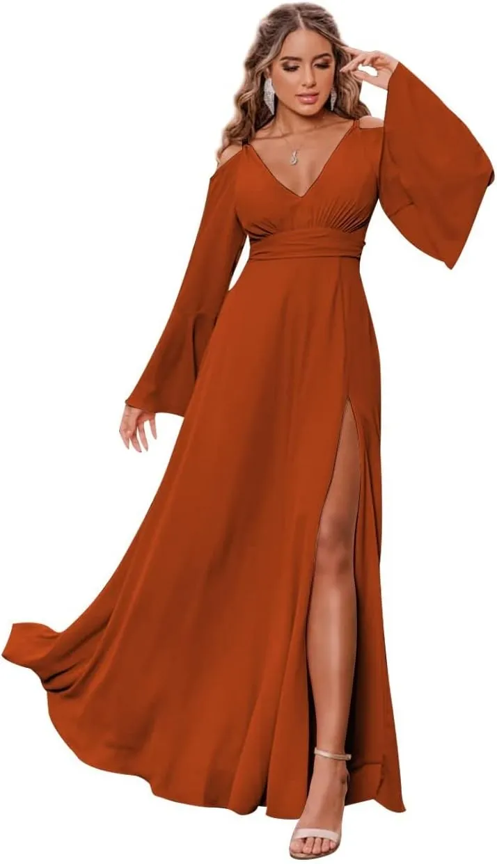V Neck Long Sleeve Bridesmaid Dresses for Women Chiffon A Line Prom Dresses Evening Gowns with Slit