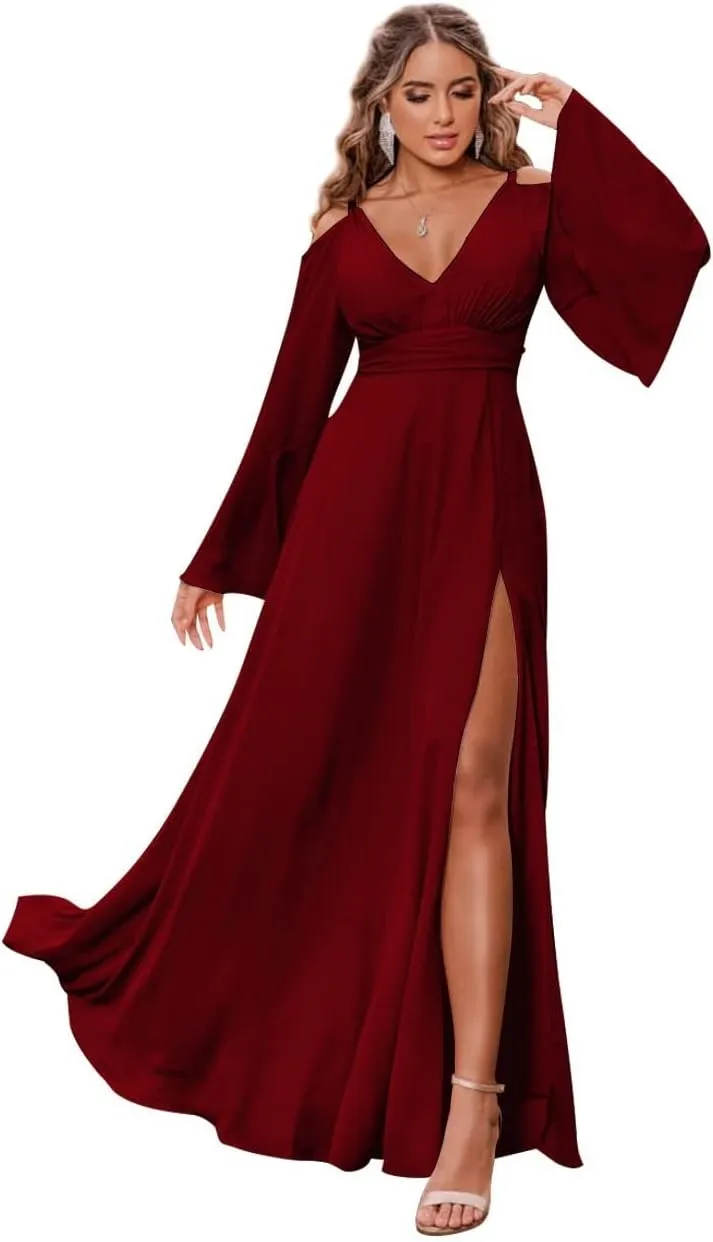 V Neck Long Sleeve Bridesmaid Dresses for Women Chiffon A Line Prom Dresses Evening Gowns with Slit