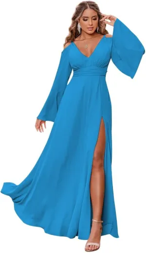 V Neck Long Sleeve Bridesmaid Dresses for Women Chiffon A Line Prom Dresses Evening Gowns with Slit