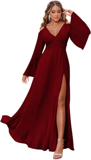 V Neck Long Sleeve Bridesmaid Dresses for Women Chiffon A Line Prom Dresses Evening Gowns with Slit