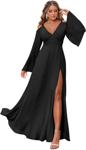 V Neck Long Sleeve Bridesmaid Dresses for Women Chiffon A Line Prom Dresses Evening Gowns with Slit