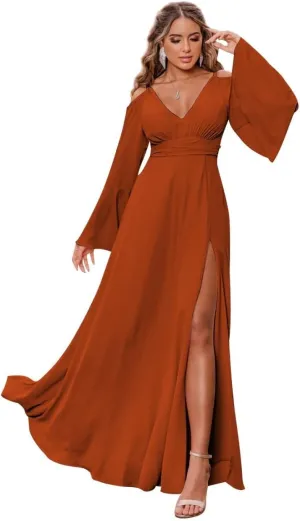 V Neck Long Sleeve Bridesmaid Dresses for Women Chiffon A Line Prom Dresses Evening Gowns with Slit