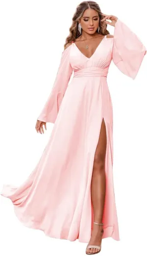 V Neck Long Sleeve Bridesmaid Dresses for Women Chiffon A Line Prom Dresses Evening Gowns with Slit