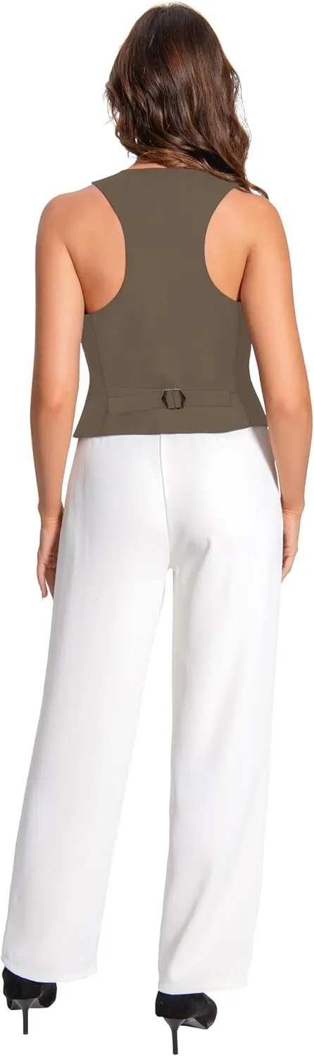 V VOCNI Suit Vest for Women Waistcoat Vintage Steampunk Dressy Casual Racerback Vest Jacket