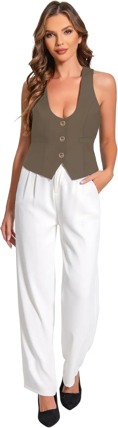 V VOCNI Suit Vest for Women Waistcoat Vintage Steampunk Dressy Casual Racerback Vest Jacket