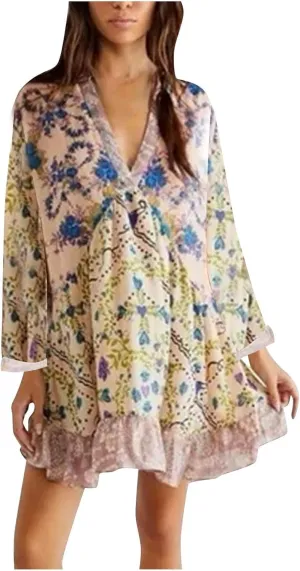 Vestidos Casuales para Mujer Cortos Boho V Neck Long Sleeve Ruffle Mini Dress 2024 Fall Casual Loose Babydoll Dress