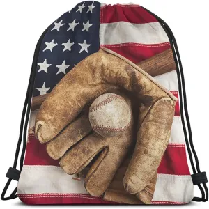 Vintage Baseball Drawstring Bags Backpack Bag American Flag Sports Baseball Club Community Team League Sport Gym Sack Drawstring Bag String Bag Yoga Bag for Men Women
