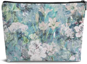 Vintage Flower Aesthetic Makeup Bag,Blue Abstract Watercolor Flower Leather Small Zipper Pouch for Purse,Cosmetic Bag Zipper Pouch for Women Teens Girl,Small Makeup Bag