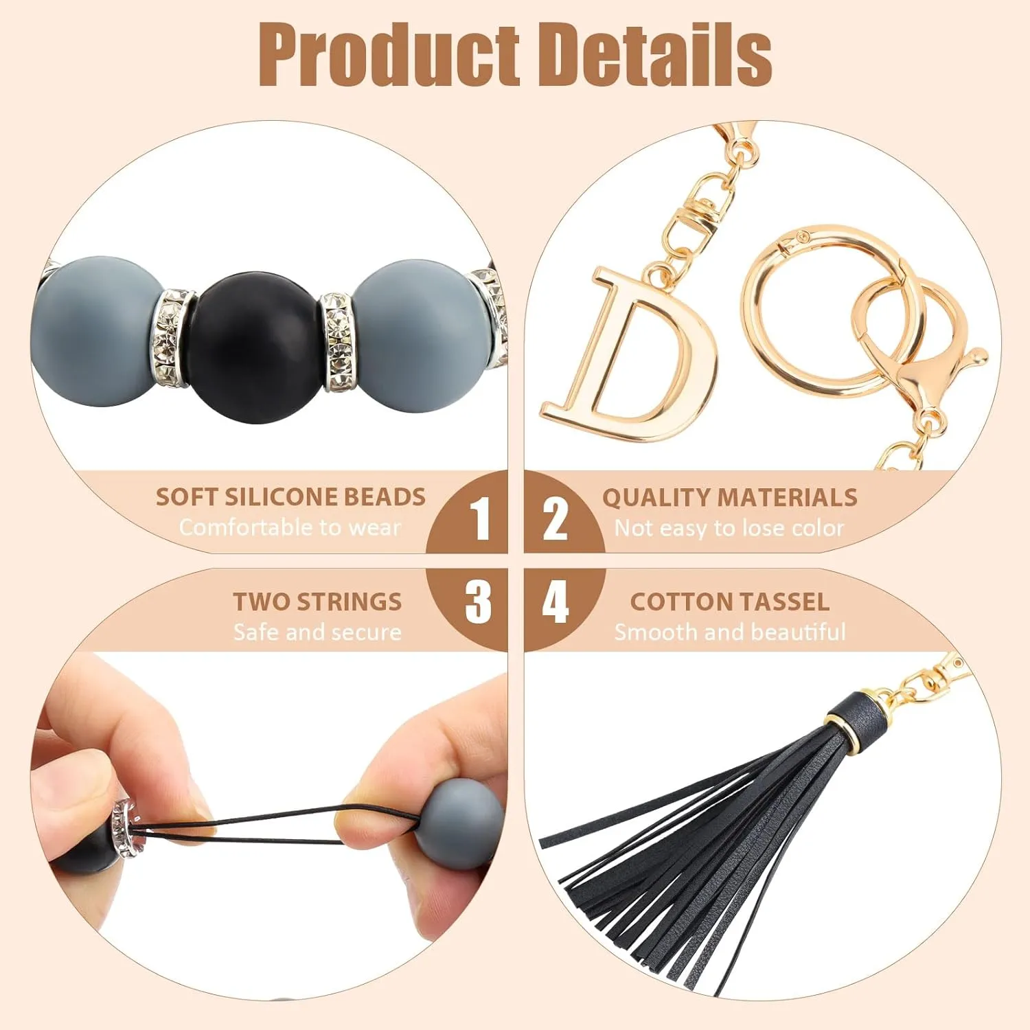 WALLFID Wrist Keychain for Women Silicone Keychain Wristlet with Metal Alphabet Initial Letter and Leather Tassel