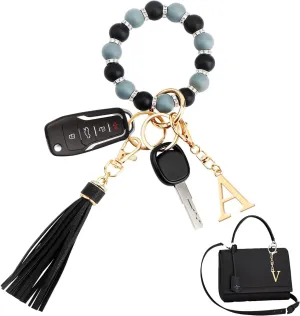WALLFID Wrist Keychain for Women Silicone Keychain Wristlet with Metal Alphabet Initial Letter and Leather Tassel