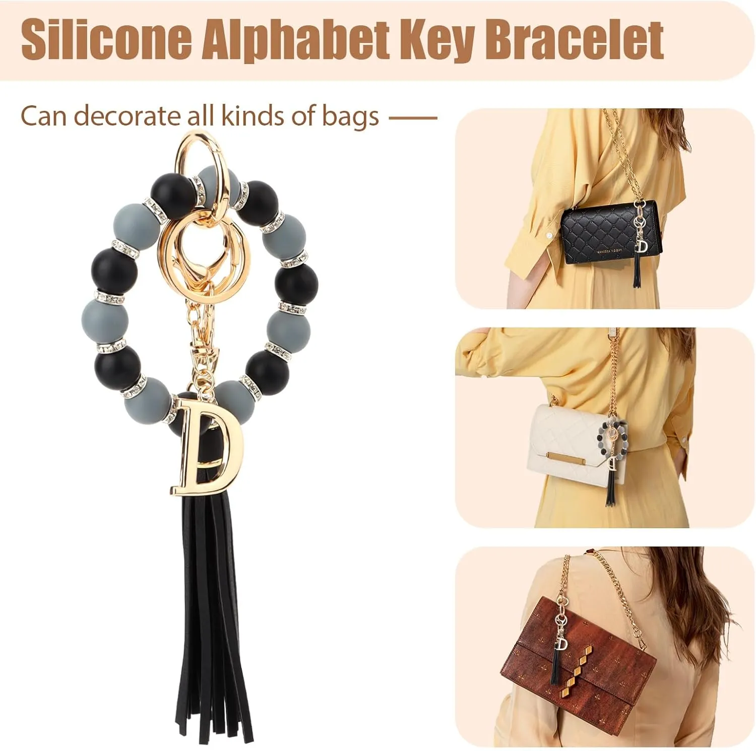WALLFID Wrist Keychain for Women Silicone Keychain Wristlet with Metal Alphabet Initial Letter and Leather Tassel
