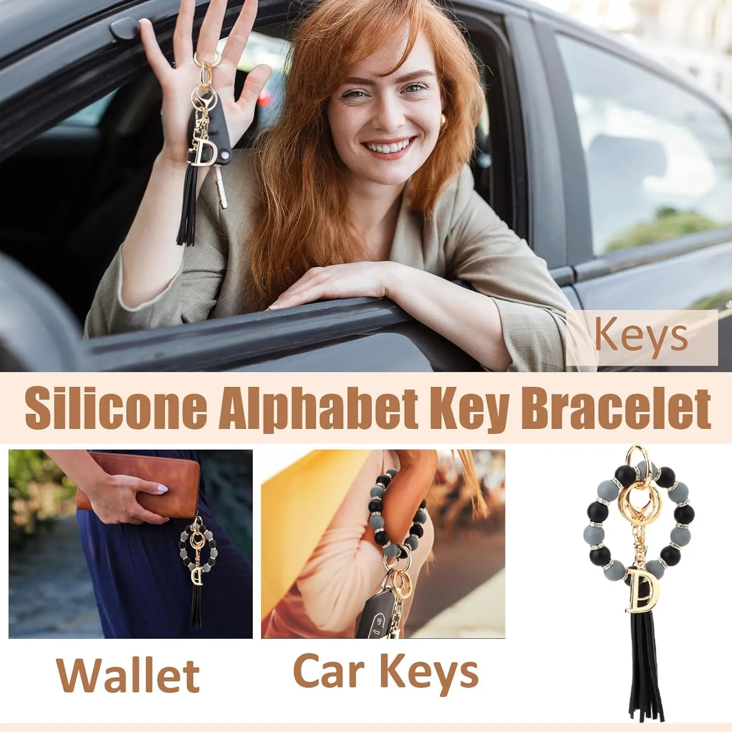 WALLFID Wrist Keychain for Women Silicone Keychain Wristlet with Metal Alphabet Initial Letter and Leather Tassel