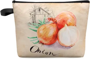 Watercolor Onion Cosmetic Bags for Women, Farm Vegetables Retro Kraft Paper Textured Small Makeup Bag for Purse, Waterproof Travel Toiletry Bag Accessories Organizer, 1PCS