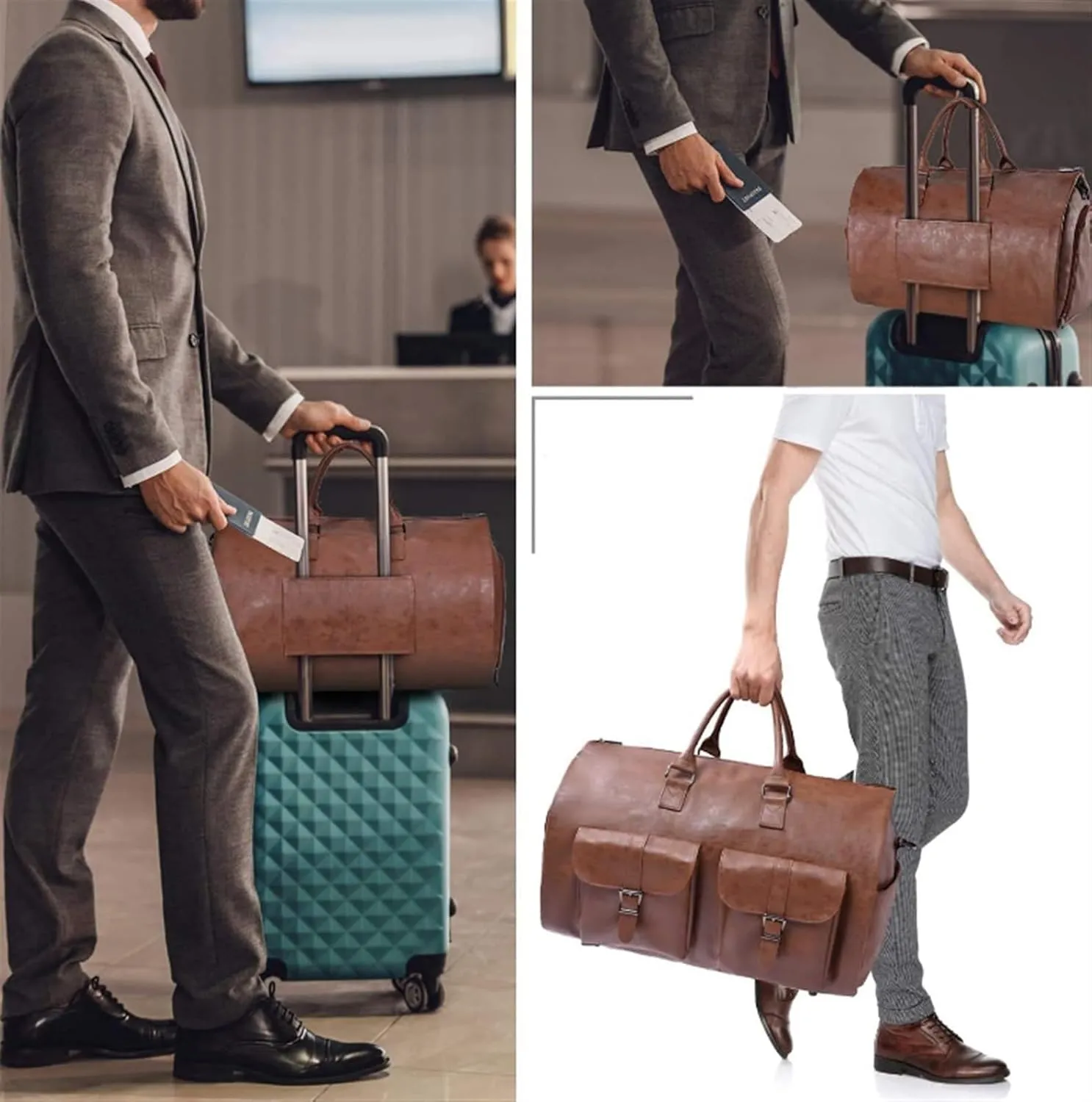 Weekender Travel Bag Canvas Garment Bag for Travel, Convertible Carry On Garment Duffel Bag for Men, Faux Leather Sport Gym Bag(A)